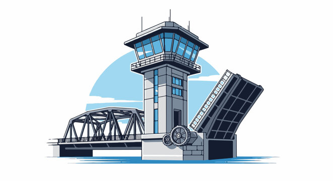 Pixel art of a drawbridge with a control tower and a truss bridge span