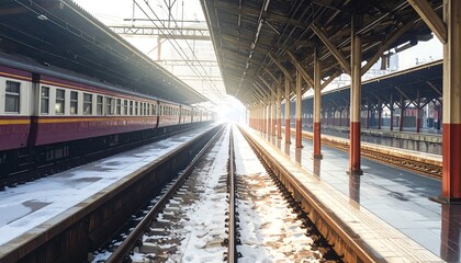 Obraz premium A train on tracks at a snowy train station platform