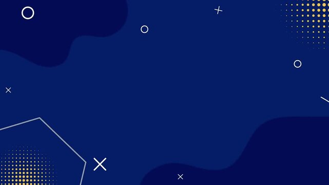 Navy blue memphis style geometric shapes and yellow lines moving on a dark background in a loop.