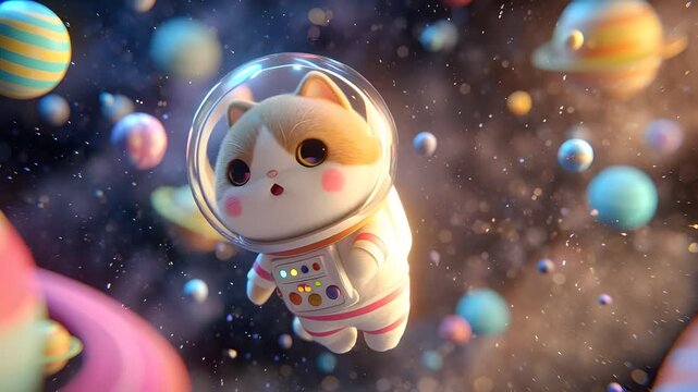Adorable cat astronaut floating in colorful space with planets