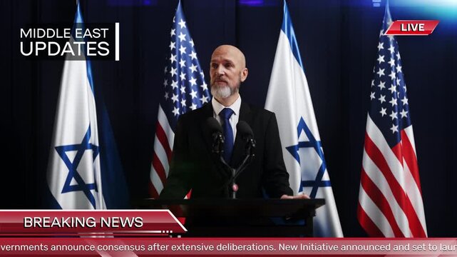Male official making announcement with US and Israel flags on TV screen