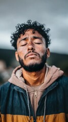 Fototapeta premium A cinematic close-up photograph of an artist with charcoal dust on their cheeks, lost in thought, meditating with eyes closed while leaning against a rugged tree, bathed in the steely blue-grey lig...