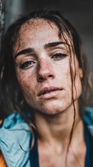 Fototapeta premium A cinematic close-up photograph of an athlete with sweat beads on their brow and a look of quiet resolve, tracing the intricate carvings on an ancient wooden door, within the cool, tranquil atmosph...