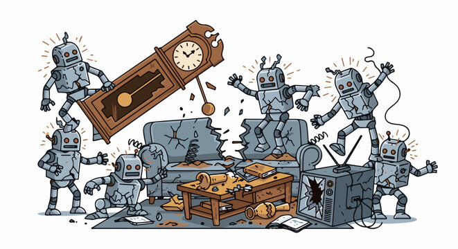 Robots causing chaos a grandfather clock falls, furniture is smashed, and a TV is broken by robots