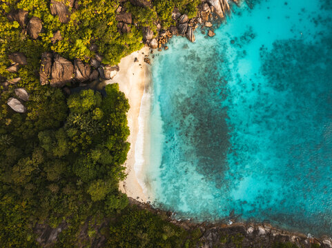 Aerial view of the secluded white sand beach with turquoise water and lush tropical forest in Cap Ternay, Port Glaud, Seychelles.