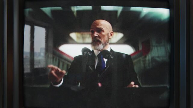Male head of authoritarian government delivering stern speech on retro TV