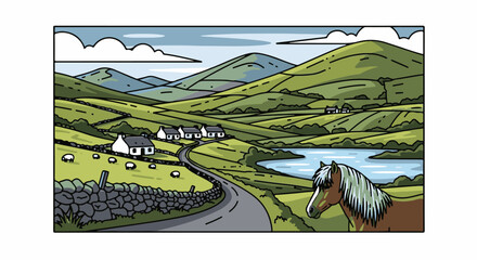 Obraz premium Rolling green hills with scattered white houses, a winding road, a tranquil lake, and a horse