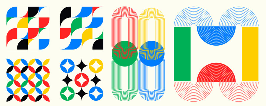 Colorful geometric abstract pattern set in Bauhaus style with bold primary colors, circles, arcs and grid shapes on isolated background