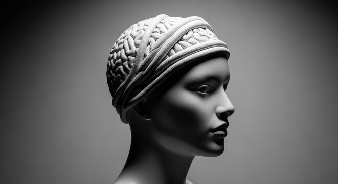 A marble-like bust with a carved brain cap gazes into the distance, blending classical sculpture with modern neuroscience and the poetry of thought

