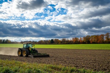 Fototapeta premium Tractor plowing field under cloudy sky on autumn day in rural area