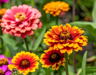 Fototapeta premium Close-up of vibrant Zinnia flowers blooming in a summer garden. Colorful orange, yellow, and pink petals glow under natural sunlight, creating a beautiful botanical scene