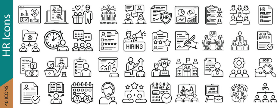 Human resources and recruitment line icon set eps with hiring team building payroll job interview employee management office workflow business analytics and hr policy outline vector collection