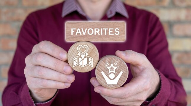 Concept of favorites. Person holding wooden blocks with icons sees the text FAVORITES. mark, rating, star, bookmark, interface
