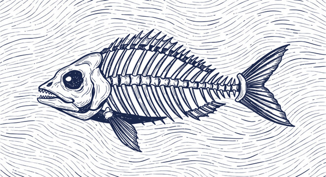 Vintage Fish Bone Skeleton Vector Illustration on Wavy Water Background, Hand-Drawn Linocut Style Marine Life Specimen, Nautical Graphic for Seafood Restaurant Branding and Science Education