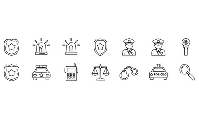 Police equipment and symbols icon set: badges patrol car handcuffs siren officer radio with line art © ROP