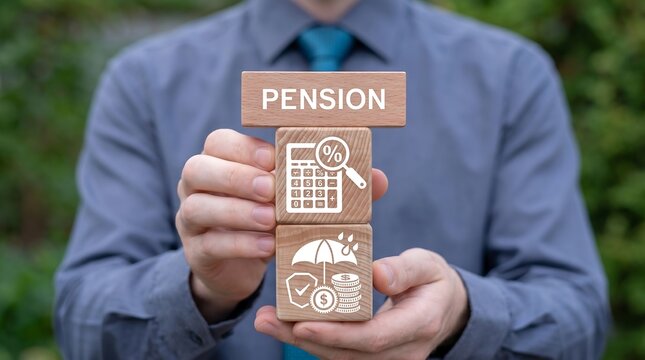 Concept of pension and retirement. Business person holding wooden blocks with icons sees the text PENSION. 