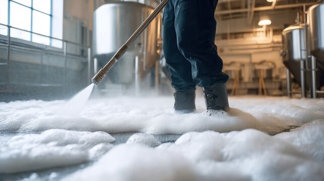 Worker Cleaning Factory Floor with High Pressure Spray in Industrial Setting with Bubbling Foam