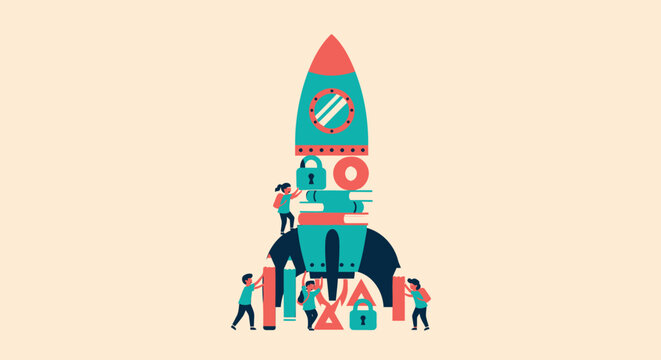 Rocket launch, startup team, business growth, colorful illustration, vector graphics