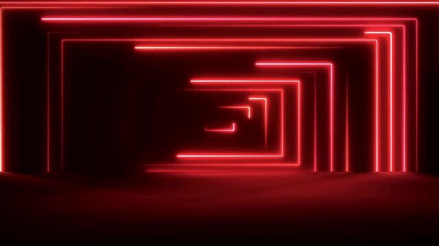 Red neon corridor of glowing rectangular frames moving through a dark cinematic space on a loop.