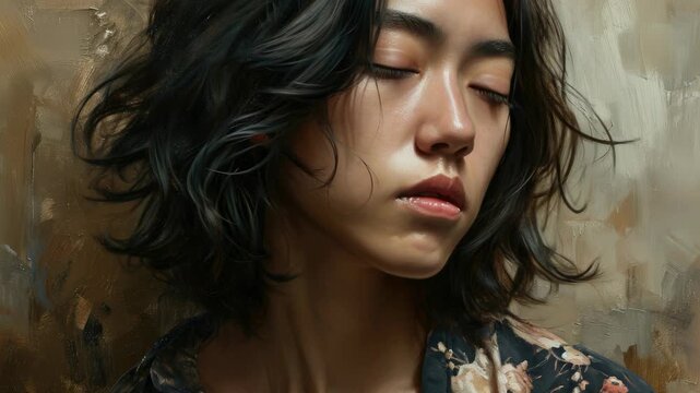 A poignant of a woman in deep thought with closed eyes and wet cheeks against an ornate background.