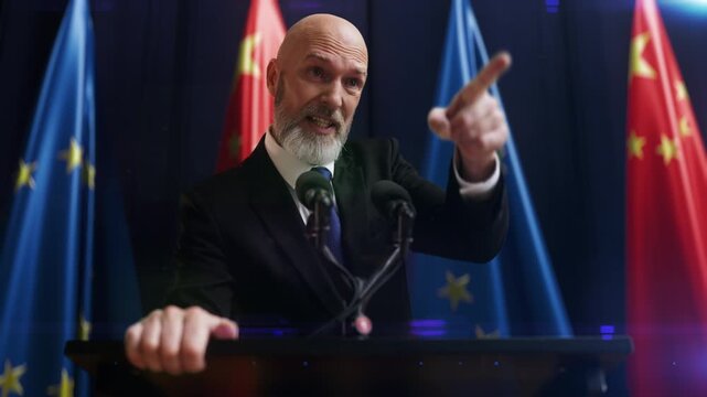 Politician delivering fierce speech at podium with EU and China flags