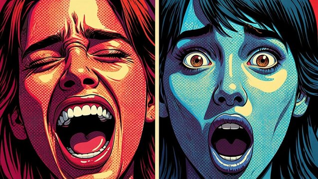 Close-up of a woman screaming in terror and a woman gasping in fear, comic book style