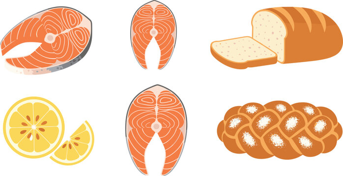 Food set with salmon fish slices bread lemon and pastry bakery collection vector illustration isolated on light background