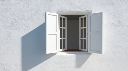 Fototapeta premium Bright and Inviting Open Window with White Shutters Set Against Textured Wall in Outdoor Atmosphere for Architectural and Design Projects