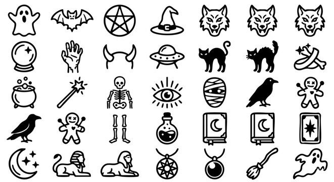 Mystic & Occult Vector Icon Collection, Supernatural Thick Line Minimalist Symbols, Esoteric Gothic and Folklore Design Assets