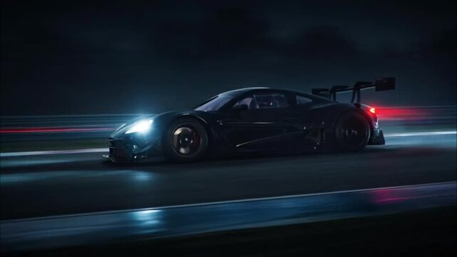 Racing Car Speeds Through Dark Highway.