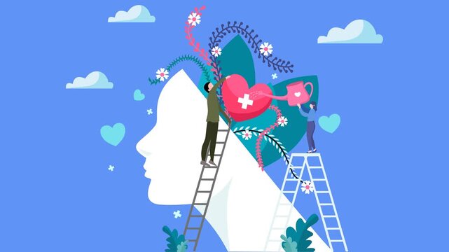 Vector animation for mental health and self-care concept. Motion graphic of tiny people on ladders nurturing a heart inside a human head. Emotional wellness video on blue background