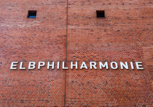 Hamburg,, Germany - 15. April 2026: Elbphilharmonie name on brick facade, Hamburg, Germany