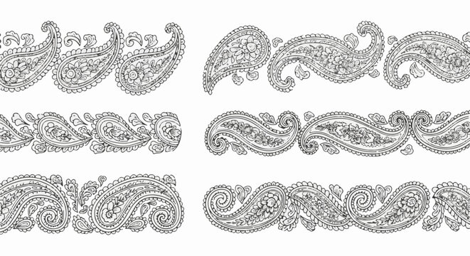 Ornate paisley motifs create decorative borders and patterns in a monochrome palette