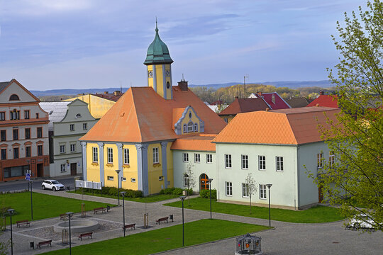 Javornik town, main square and town hall, Rychleby mountain district, Czech Republic