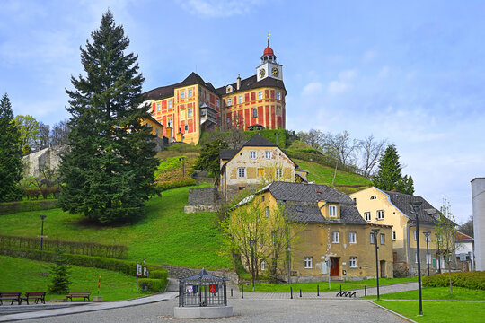 The state castle Jansky Vrch, former baroque residence of Bishop, the accessible historical monument in the Rychleby mountain district, city of Javornik, Czech Republic