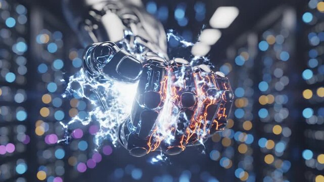 Robotic hand with glowing circuits and sparks.