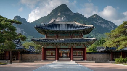 Fototapeta premium Stunning Full Shot of an Ancient Korean Palace Surrounded by Lush Mountains and Vibrant Sky