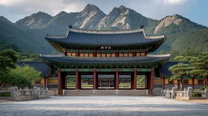 Obraz premium Traditional Korean Palace Gate Surrounded by Lush Mountains and Scenic Nature with Clear Sky in the Background