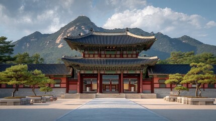 Fototapeta premium Grand Entrance to a Korean Palace Surrounded by Majestic Mountains and Lush Greenery Under a Clear Blue Sky