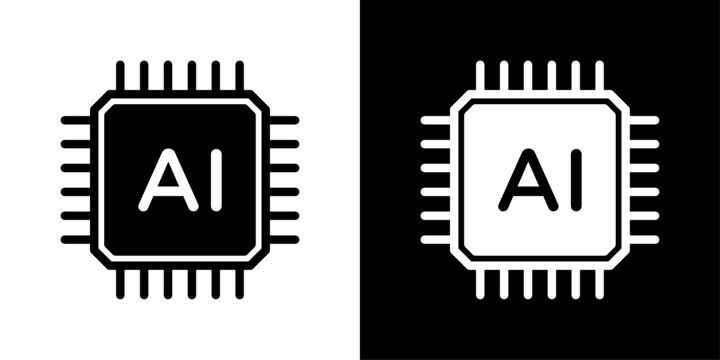 AI processor icon in solid fill style showing microchip with AI text, representing artificial intelligence computing, neural processing, smart hardware and digital technology.