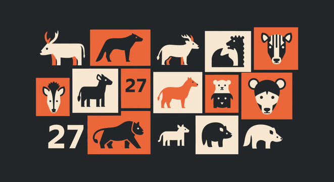 Collage of various animal silhouettes on squares.