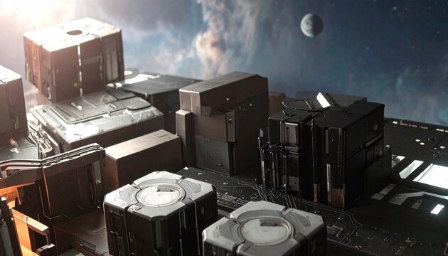 Futuristic industrial structures with a planet in the sky - abstract technology background