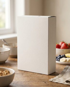 Blank white cereal box mockup on a wooden breakfast table with fresh fruit and bowls.