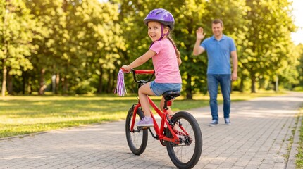 Obraz premium A young girl in a pink shirt and helmet riding a red bicycle while an adult waves in a sunlit park