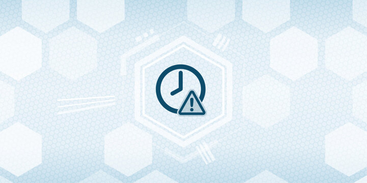Abstract digital background with a clock and warning triangle symbol in a hexagon frame, representing time management issues, deadline alert, or system latency problem
