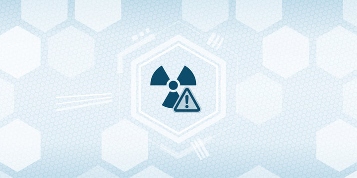 Radiation hazard warning sign with exclamation mark icon on digital hexagonal technology background representing nuclear safety alert risk security and radioactive materials