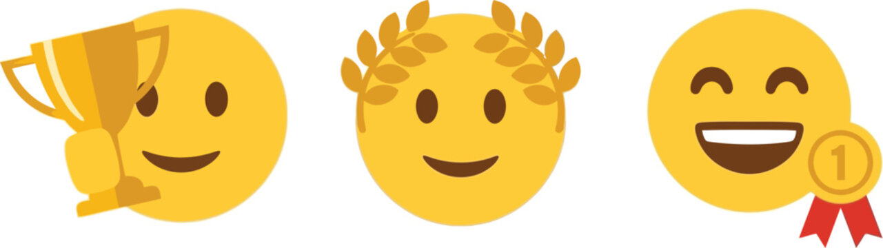 Three yellow emoji faces depicting achievement and success with a trophy and crown