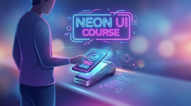 A person interacting with a vibrant digital interface showcasing neon elements and colorful graphics