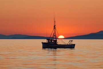 Naklejka premium Fishing Boat on Water With Sunset View Behind It in Serene Location Near Mountains