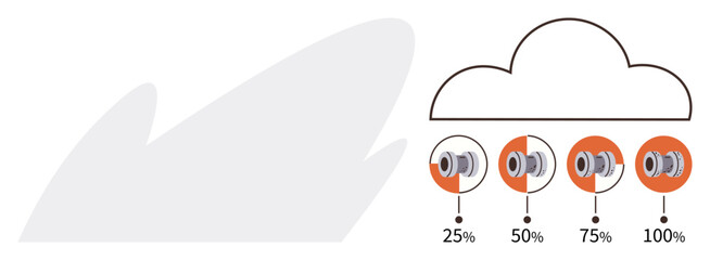 Cloud storage, data usage, capacity management, information sharing, digital analytics, technology planning. Cloud icon with progress indicators showing 25, 50 75 100 percent storage. Cloud storage © robu_s